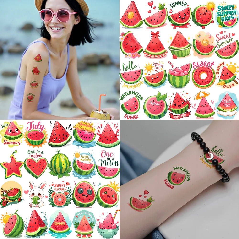

63 шт., временные татуировки, летние мультяшные сочные фрукты, водонепроницаемые долговечные наклейки на тело, милые наклейки для рук, щек, плеч