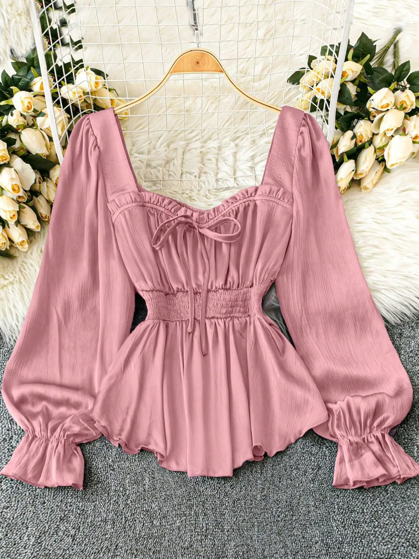Pink Long Sleeve Chiffon Top for Women Vintage Square Collar Drawstring Design Unique Stylish Small Shirt Suitable for Dating An