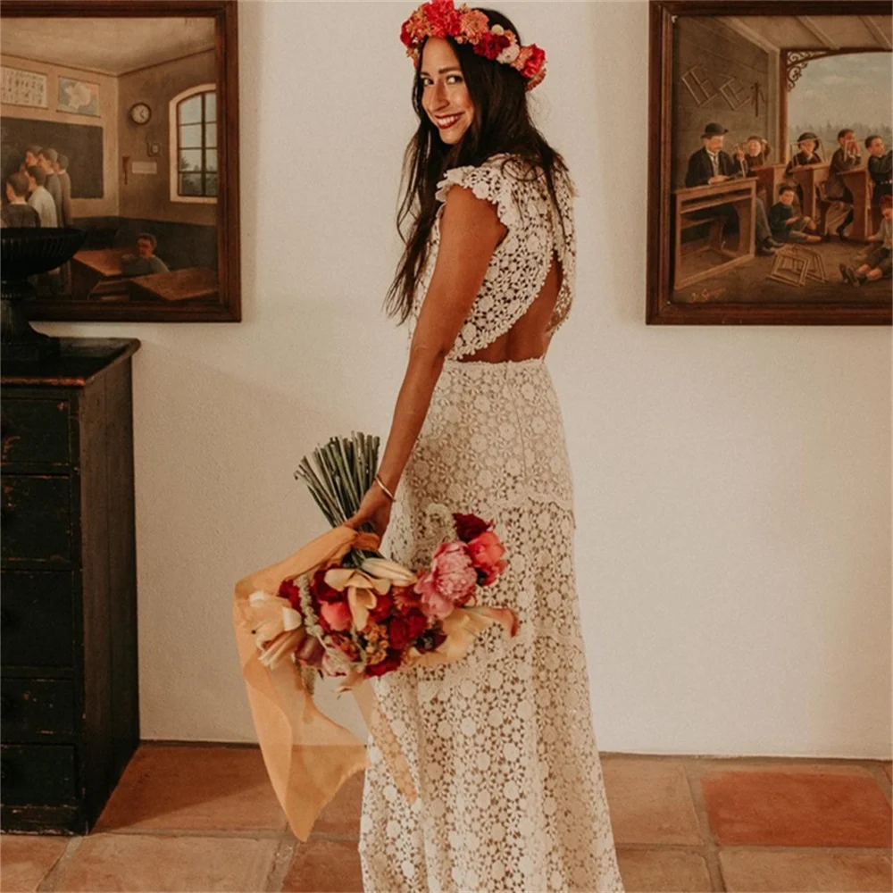 15992# Real Photos Boho Two Piece Crop Top Lace Wedding Dress For Women Simple Cap Sleeves Backless Bridal Gowns Customized