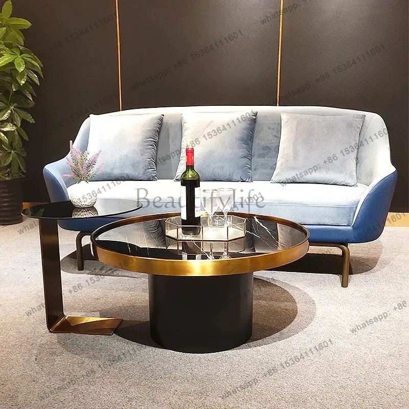 D25 طاولة شاي مستديرة مزيج غرفة المعيشة الزجاج المقسى بلاطة الصخور الطبيعية طاولة القهوة الصغيرة الخفيفة الفاخرة الحديثة #4