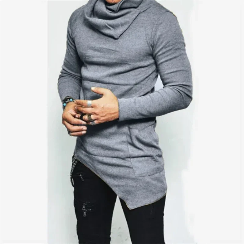 New Pile Collar Long Sleeved Solid Color High Street T-Shirts Man Fashion Pocket Patchwork Asymmetrical Pullovers XT1075
