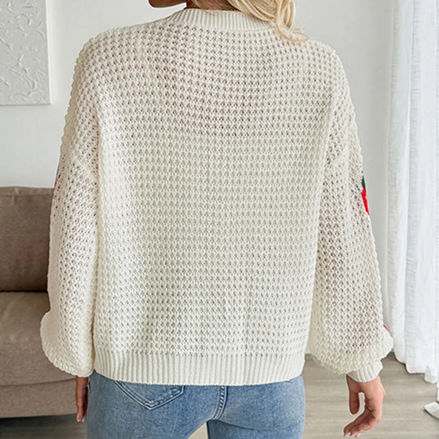 سترة نسائية مطرزة بالفراولة من قماش الجاكار المحبوك بأزرار عميقة ورقبة على شكل حرف V فضفاضة