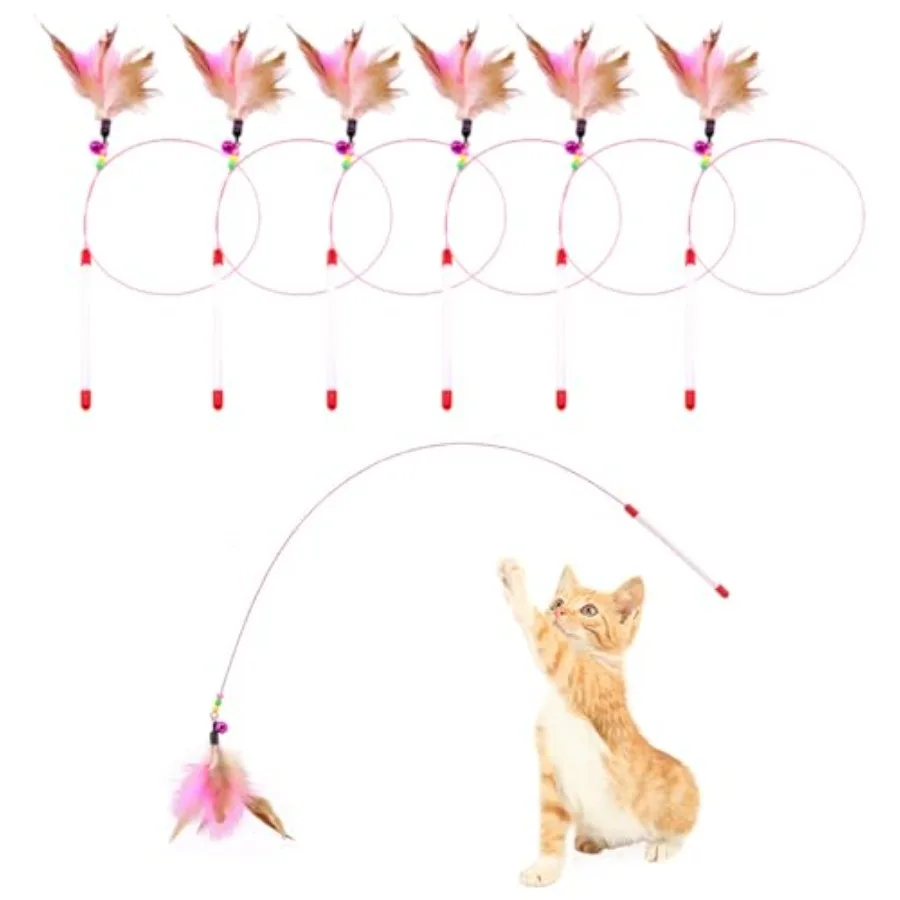 

6-упаковка игрушек с кошачьими перьями, интерактивная игрушка для котят, тизер, проволочная палочка с колокольчиками, бусинами для кошек, забавные подарки, оптовая продажа