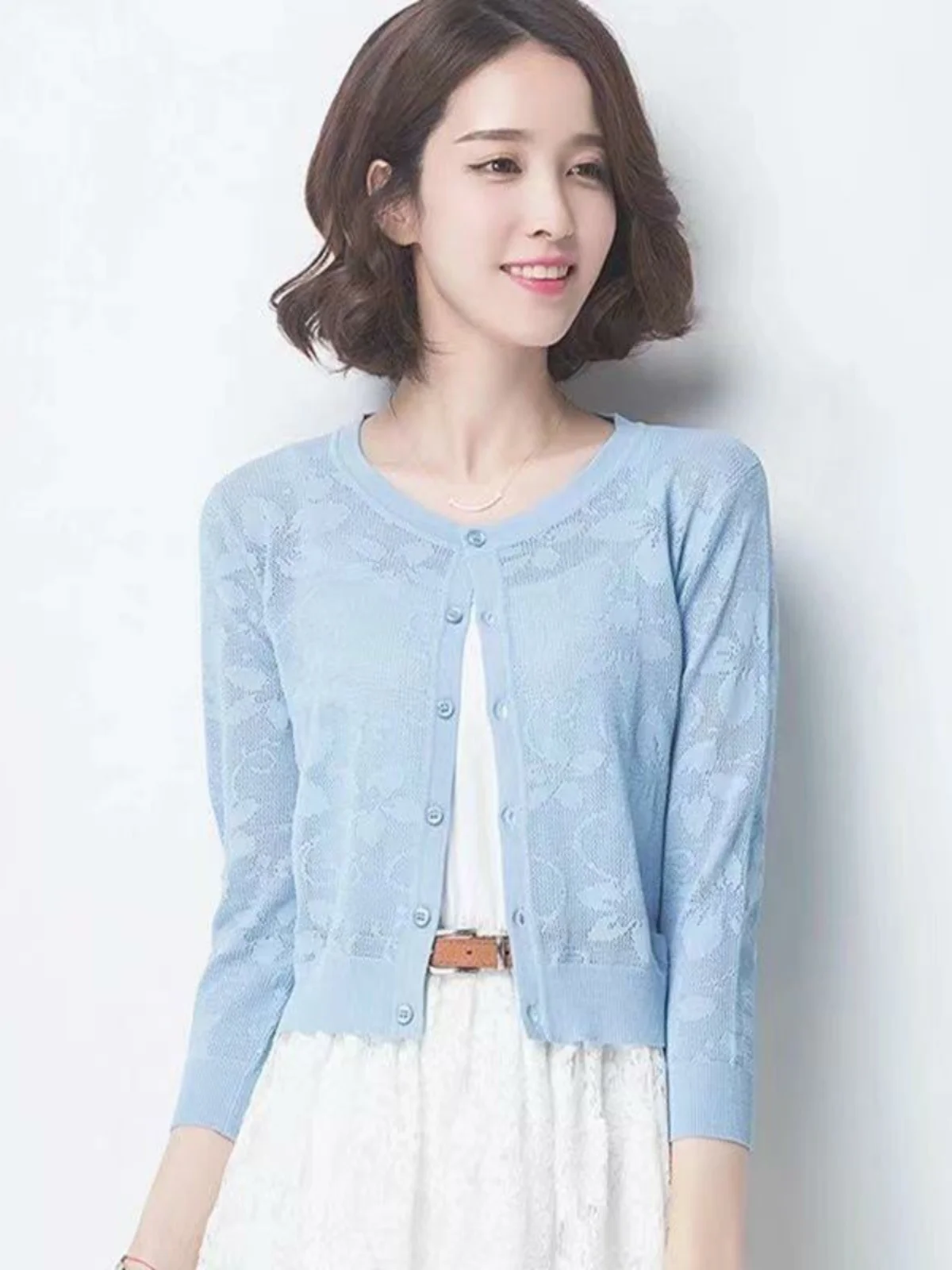 아이스 실크 니트 오픈 가디건 여성용 얇은 또는 속이 비치는 아우터웨어 긴 소매 에어컨용 봄 여름 라운드...