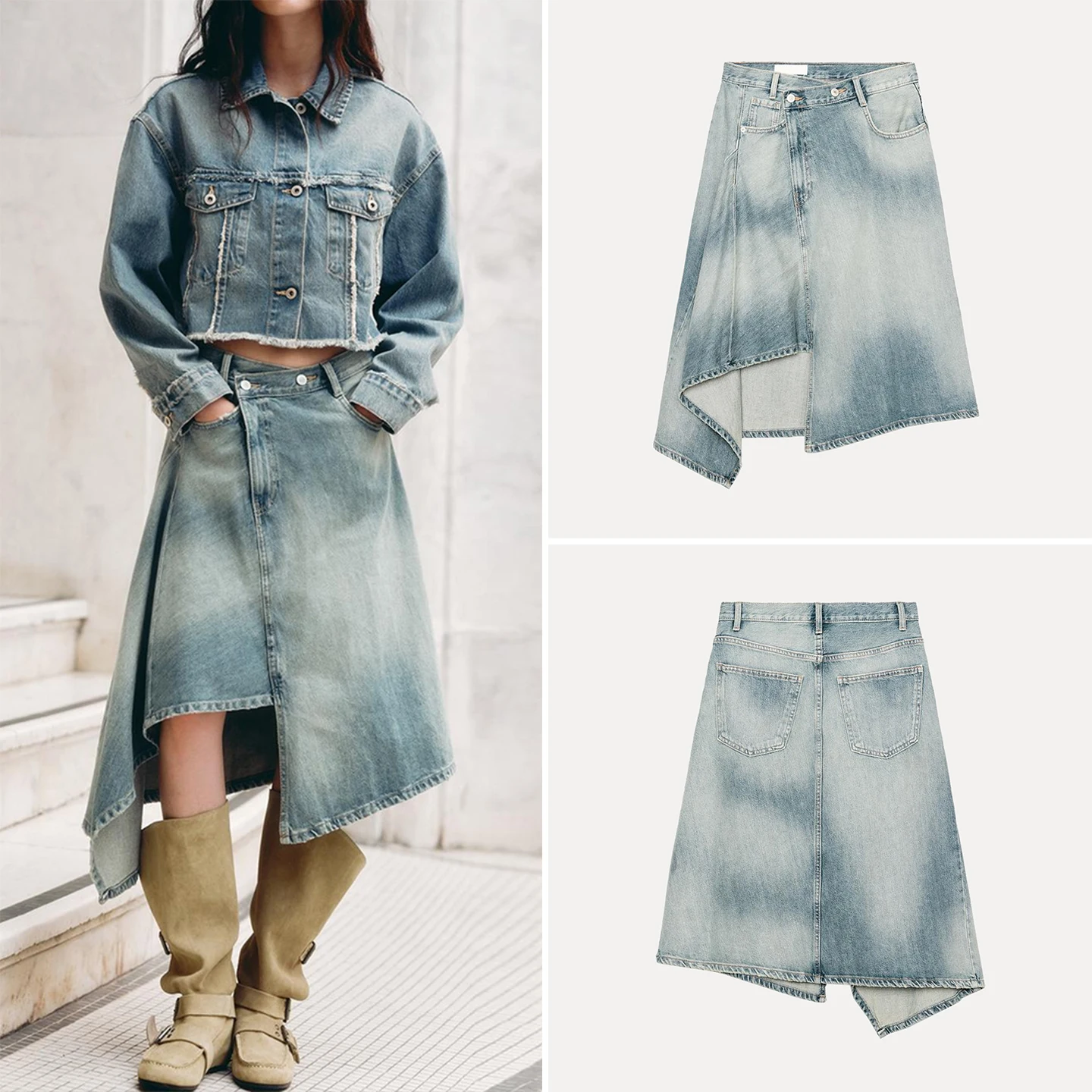 

Faionable Midi Denim Skirt Women's Casual Asymmetric Design Stand Fit mid Waist Jeans Skirt by Z for Autumn 2025
