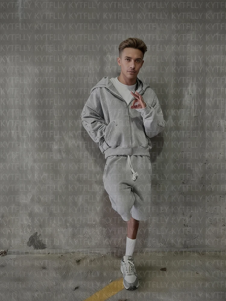 

2025 Fall/Winter Fashion Gray Hot Water Rhinestone Zipper Hooded Sweatshirt Retro Gothic High Street Y2K Apparel