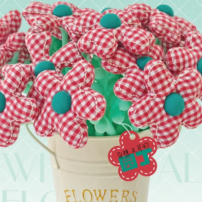 10PCS Red Plaid Fabric Flower Pen Retro Plaid Filled Small Flower Styling Pen Girl Heart Cute Desktop Ornament Neutral Pen