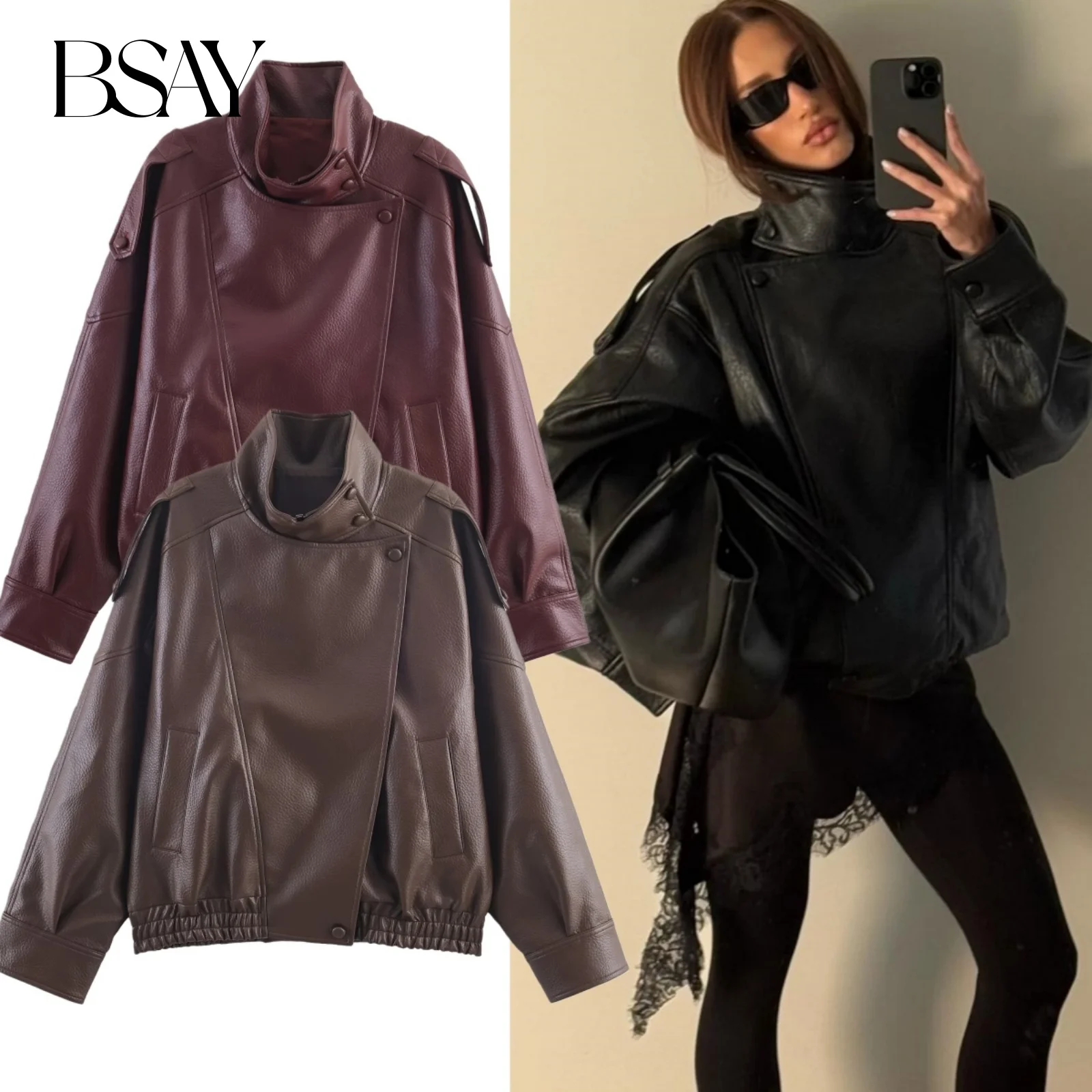 

BSAY faux leather Jacket Women’s clothing Autumn Winter New loose Long Sleeved Zip Pocket PU Short Coats street chic Ladies Tops