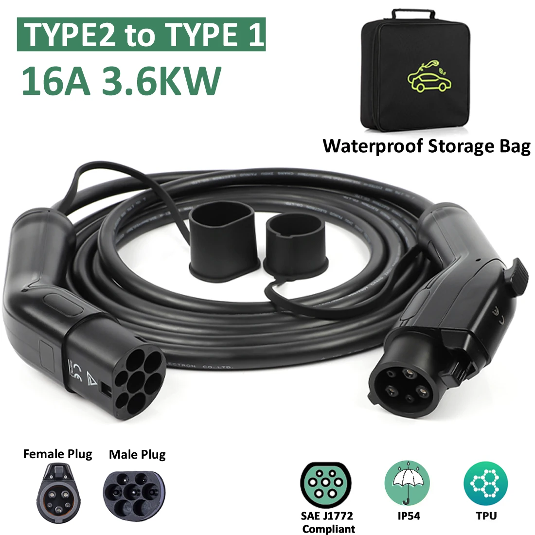 7KW EV Charging Cable Type 2 to Type 1 32A 5 Meter Cord Male to Female Plug for Electric Car Charger Station + Storage Bag