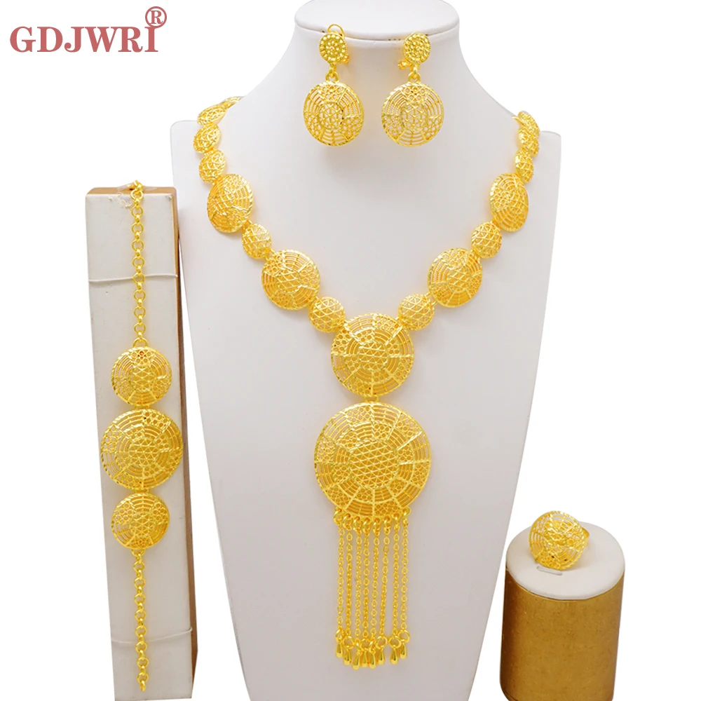 Indian Dubai Gold Color Long Chain Tassels Necklace Earrings Jewelry Set Nigerian Party Wedding Ethiopian Arabic Jewellery Gifts