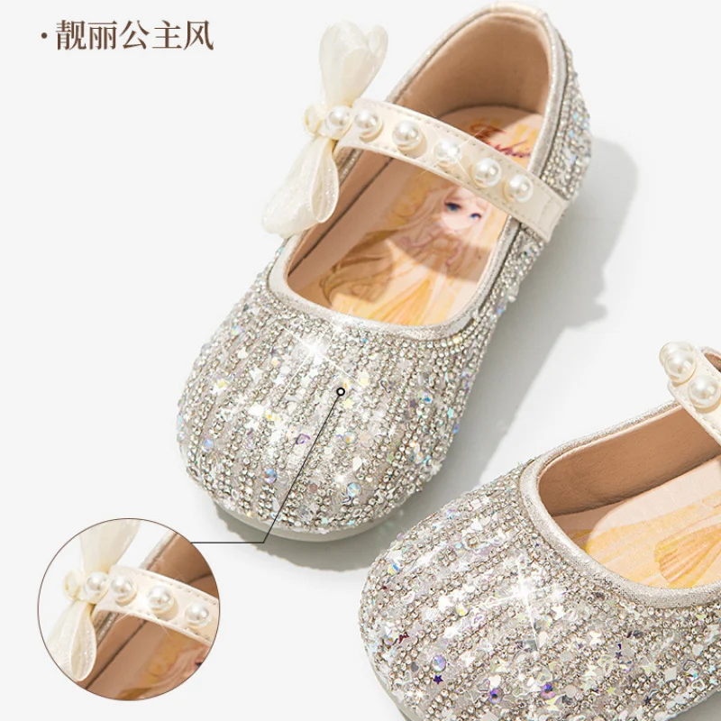 2025Girls Spring and Autumn New Princess Bowknot Pearl Sequins Soft Bottom Crystal Shoes