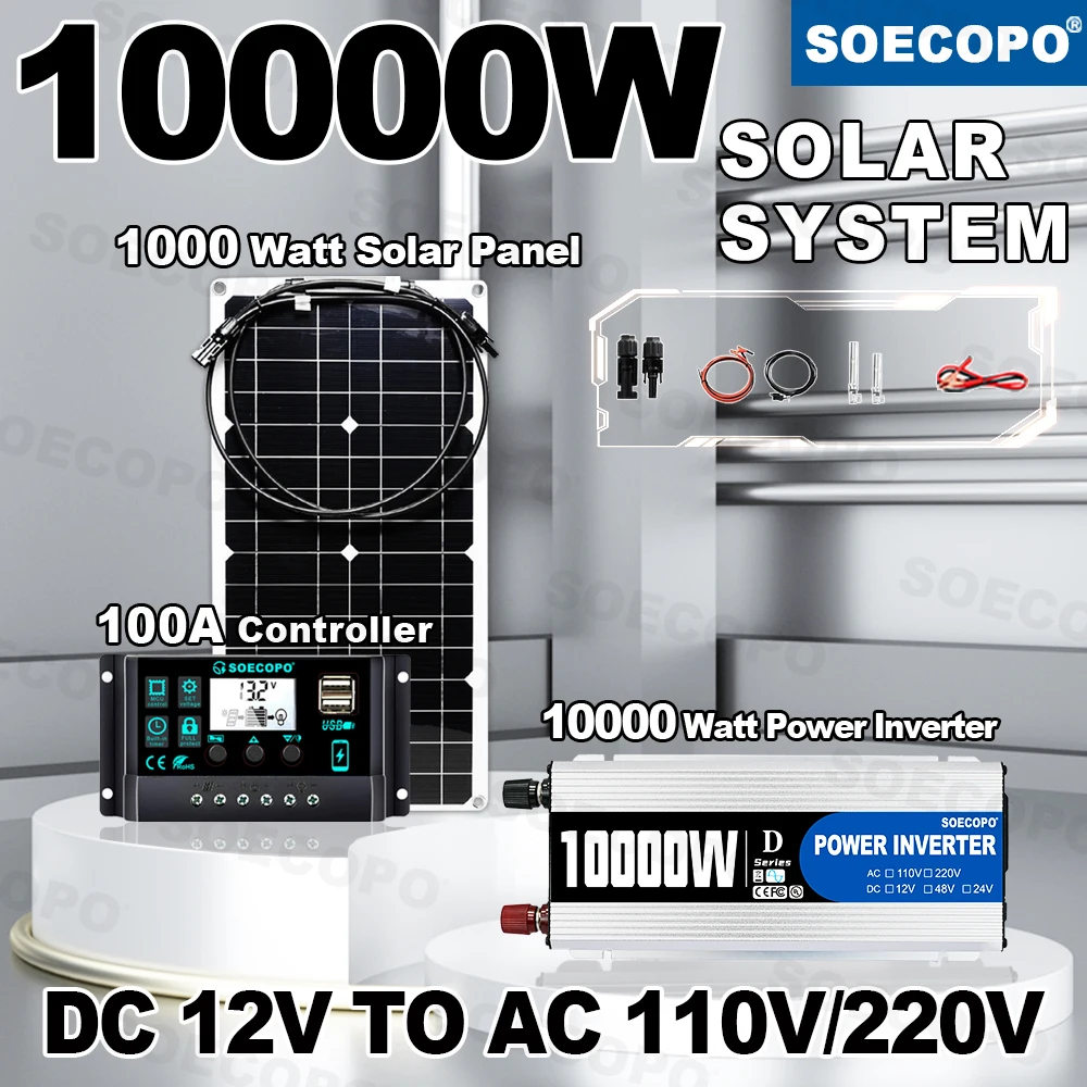 10000W Complete Flexible Solar Panel System 12V To 110V 220V Inverter 100A Controller Off-Grid Solar Kit for Farm Ranch Home RV