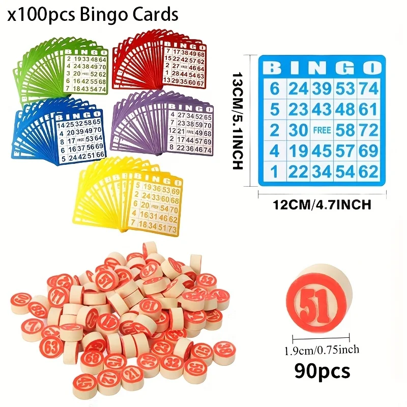 Bingo GAME include 100 PCS 5-Color Bingo Cards AND 90 Wooden Game Discs, Suitable for Family Gatherings, Classroom Use
