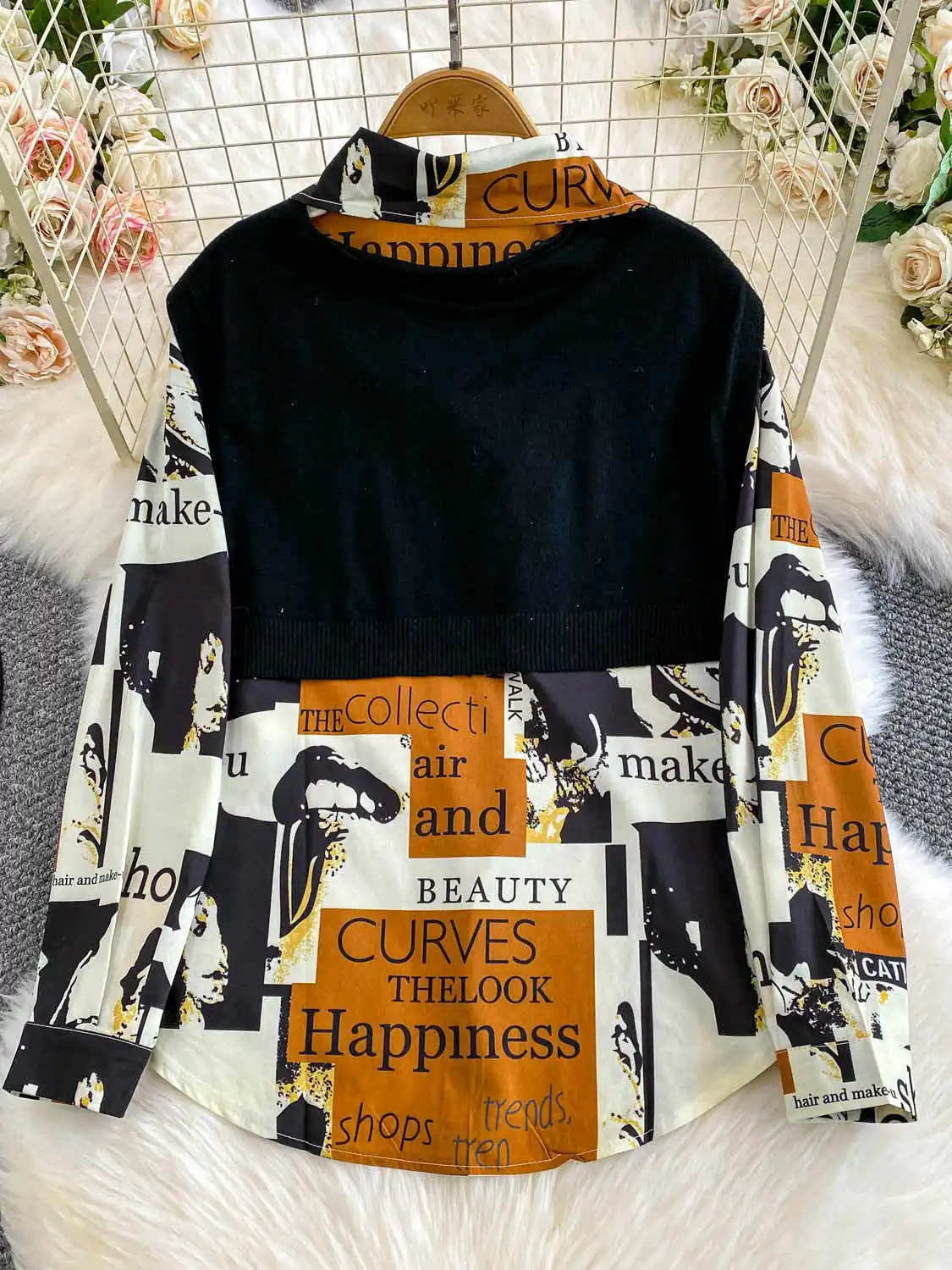 Camisas e blusas femininas com estampa branca, vintage y2k, estética, elegante, 2000s, manga comprida, gola polo, roupas de outono