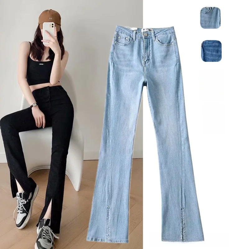 Retro High Waist Slim Fit Fashionable Split Bell Bottom Jeans Elastic Waist Small Size Wide Leg Pants Trendy Long Pants