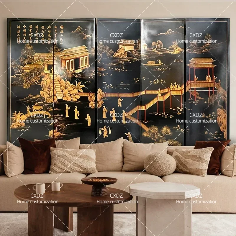 Chinese Style Simple Folding Screen Living Room Partition Entrance Gold Sofa Background Decorative Painting Customization