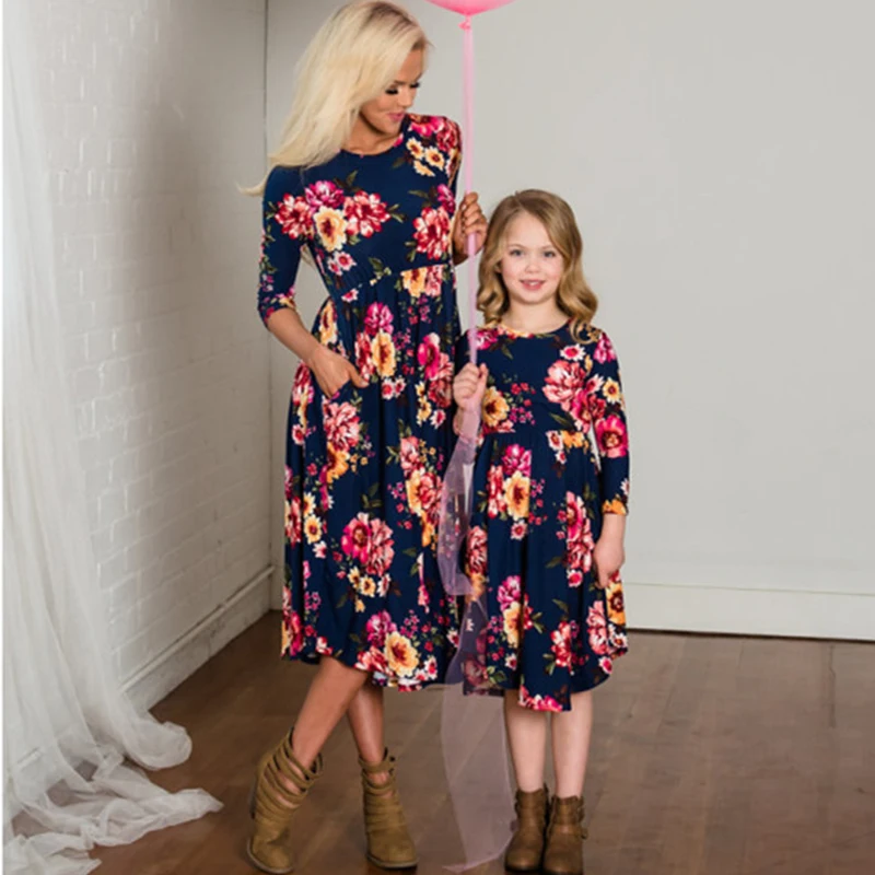

Mother Daughter Matching Outfits Baby Girls Floral Printed Long Sleeve Dress Outfit Mommy And Me Beach Holiday Family Matching