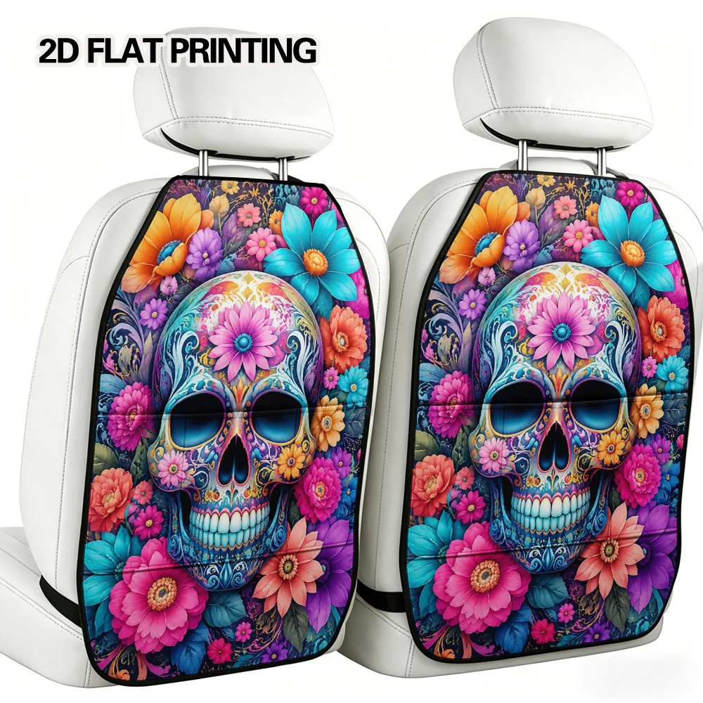2D Flat, 2pcs Seat Back Anti-Kick Mat, Vibrant Floral Elegance Print Versatile Car Storage Bag, Reliable Document And Phone Stor