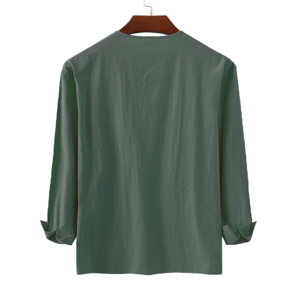Casual Mens Streetwear Long Sleeve Shirt Stand Collar Drawstring Solid Color Loose Fit Comfortable Cotton Fashion Tops