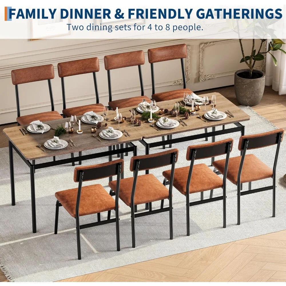 طقم طاولة طعام لـ 4 أشخاص، 5 قطع طاولة طعام خشبية وكراسي، 4 كراسي منجدة من البولي يوريثان، طقم حجرة طعام صغيرة بإطار معدني حديث