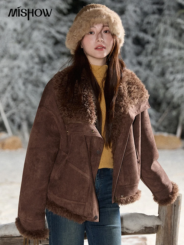 MISHOW سترة نسائية زرقاء 2025 شتاء أزرق قطيفة بياقة مقلوبة معطف بسحاب موضة غير رسمية معطف فضفاض دافئ امرأة MXE87W0917