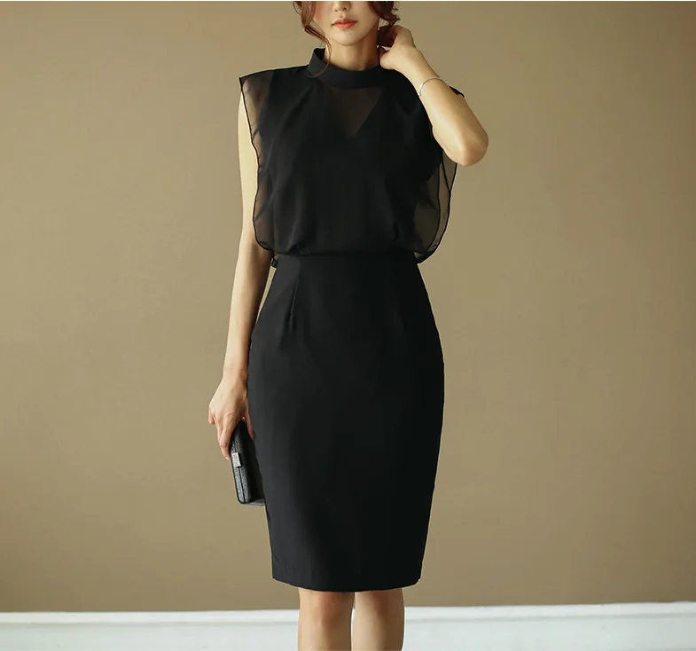 Summer and Autumn Leisure Commuting Slim Fit Round Neck Temperament Pencil Pure Color Short Sleeved Dress for Women