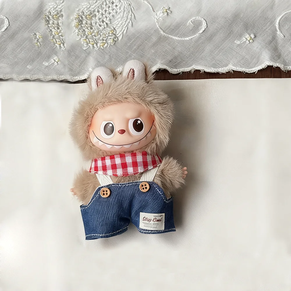 [بدون دمية] ملابس دمى قطيفة لـ Mini Labubu 4.0 وشاح مثلث وزرة ريترو إكسسوار ملابس دمية هدايا عصرية