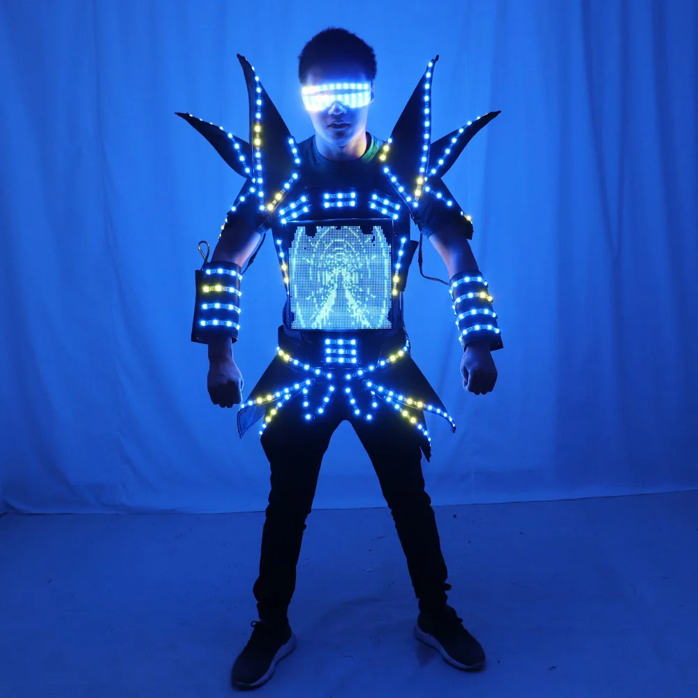 LED Robot Display Costumes Party Performance Wears Armor Suit Colorful Light Mirror Clothe Club Show Outfits Helmets Disco