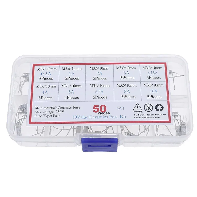 50Pcs 10Value 3.6 x 10mm with a pin Fast Break Ceramic Fuse Tube Assorted Kit 0.5A 1A 2A 3A 3.15A 4A 5A 6.3A 8A 10A