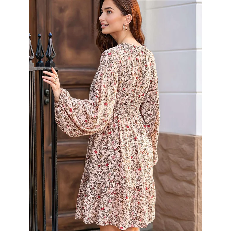 Abiti autunnali da donna Boho floreale scollo a V manica lunga smock elastico in vita casual mini abito a trapezio prendisole