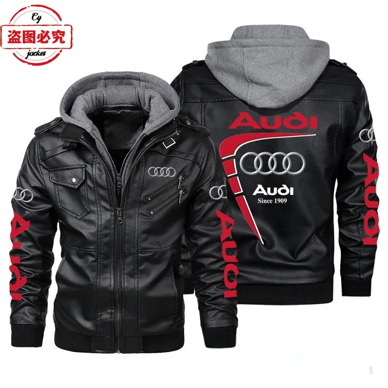 Car printed LOGOpu leather windproof men's hooded jacket Audi car logo team uniform leather jacket