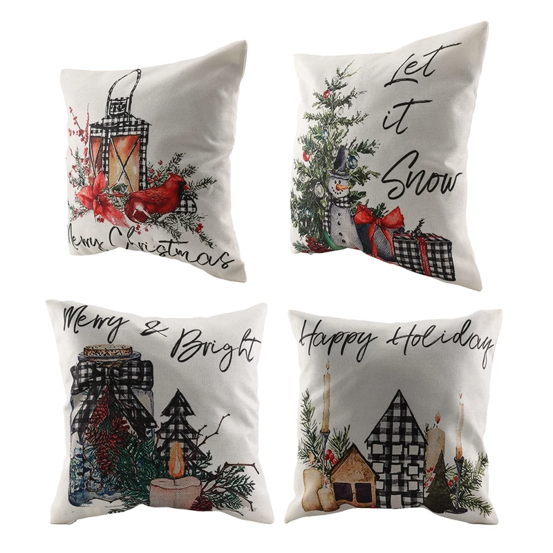 Christmas Throw Pillow Covers 18X18 Set Of 4, Buffalo Check Plaid Snowman Tree Cushion Case Decoration For Sofa Couch