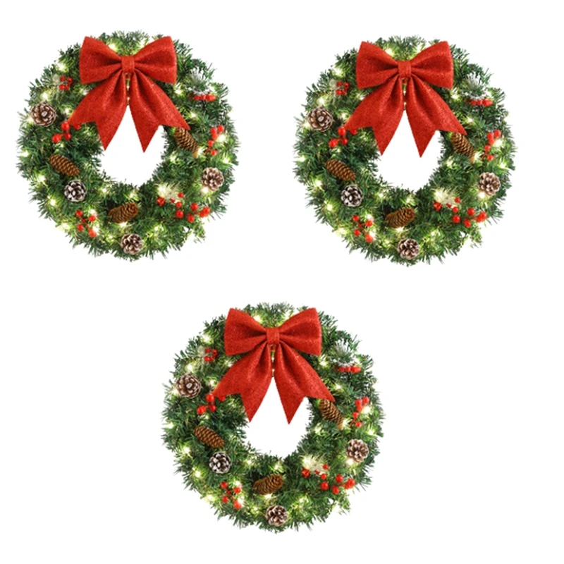 

Christmas Wreaths With LED Lights Lighted Artificial Christmas Wreath Bow Ornament Door Gate Wall Xmas Party Decorations