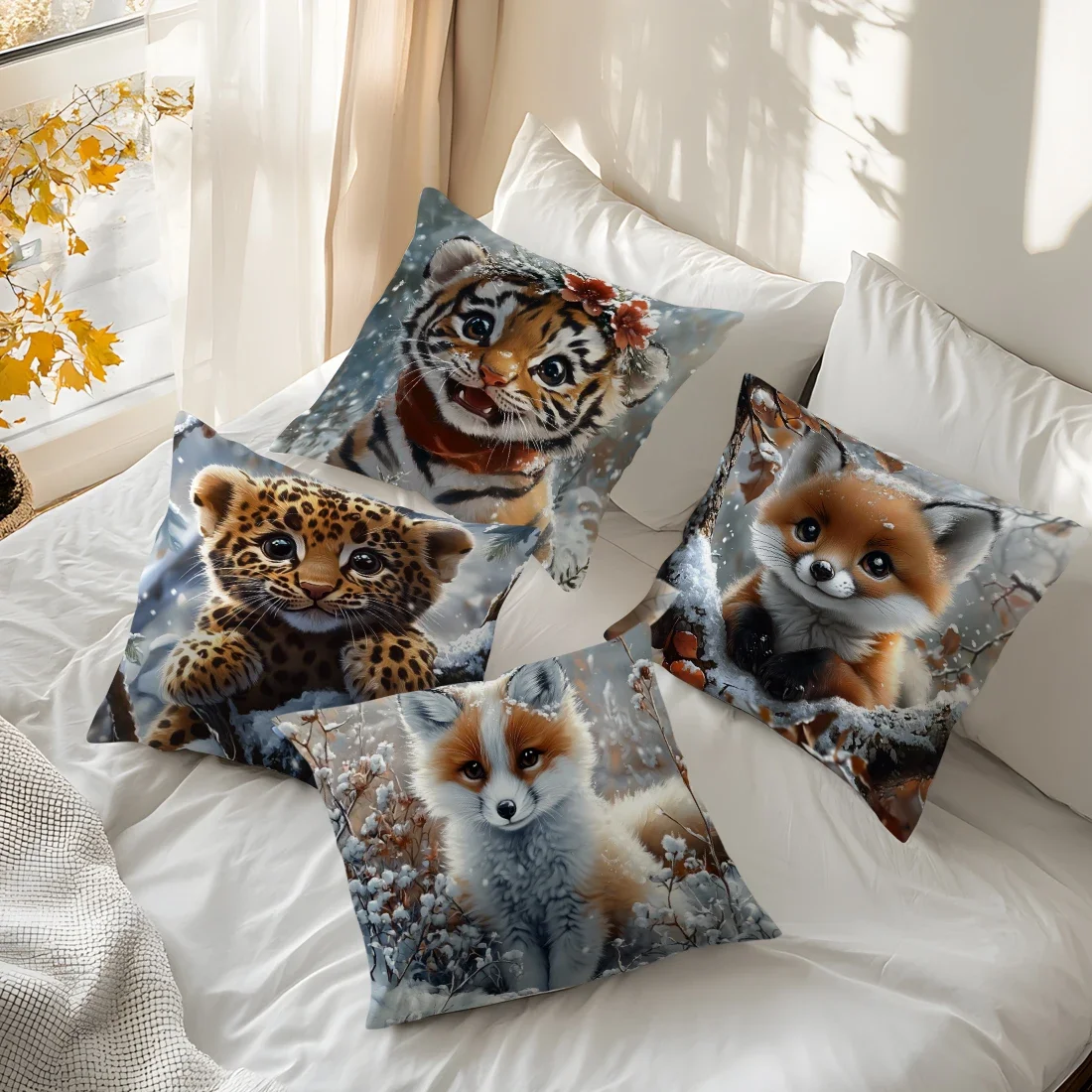 Snow Leopard Fox Pillowcase Cushion Polyester 45x45cm Throw Pillow Cover Sofa Chair Bed Cushion Cover Pillowslip Home Decor