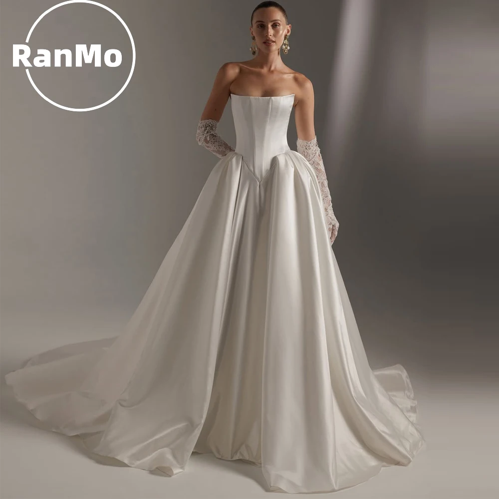 Ranmo Customized White Strapless Satin Wedding Dress Detachable Sleeves Zip Back vestidos de noiva 2026 A-Line Evening Dress