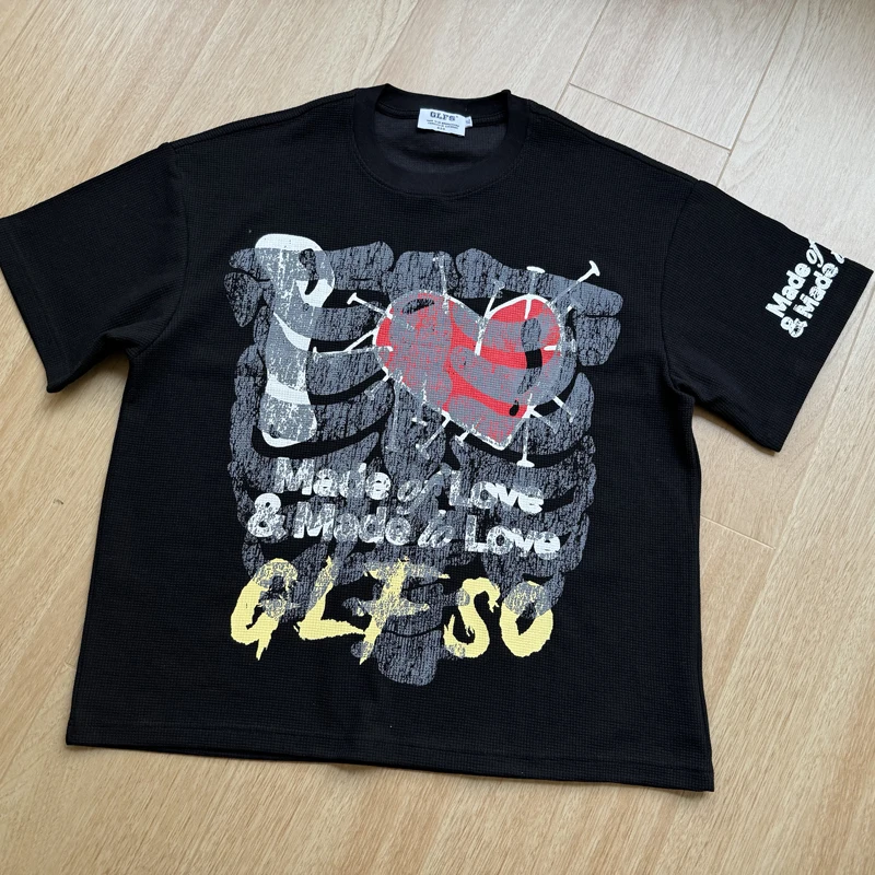 Waffle Short Sleeve Skulls Red Heart Print T Shirt Summer Men Women Black Apricot Quick Dry Breathe Loose Street T-shirt Tops