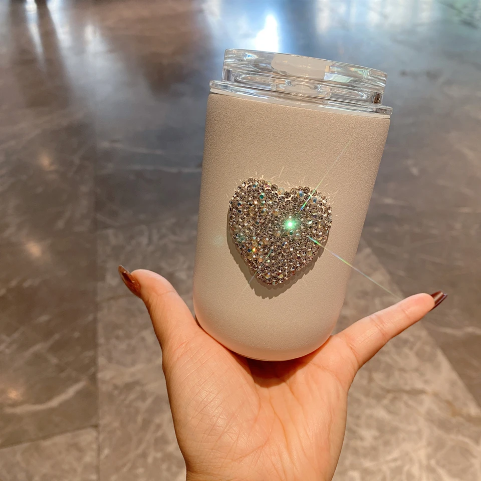 Love Heart Water Cup Rhinestone Insulated Flask Coffee Mug Stainless Steel Portable Vacuum Hot And Cold Water Bottle