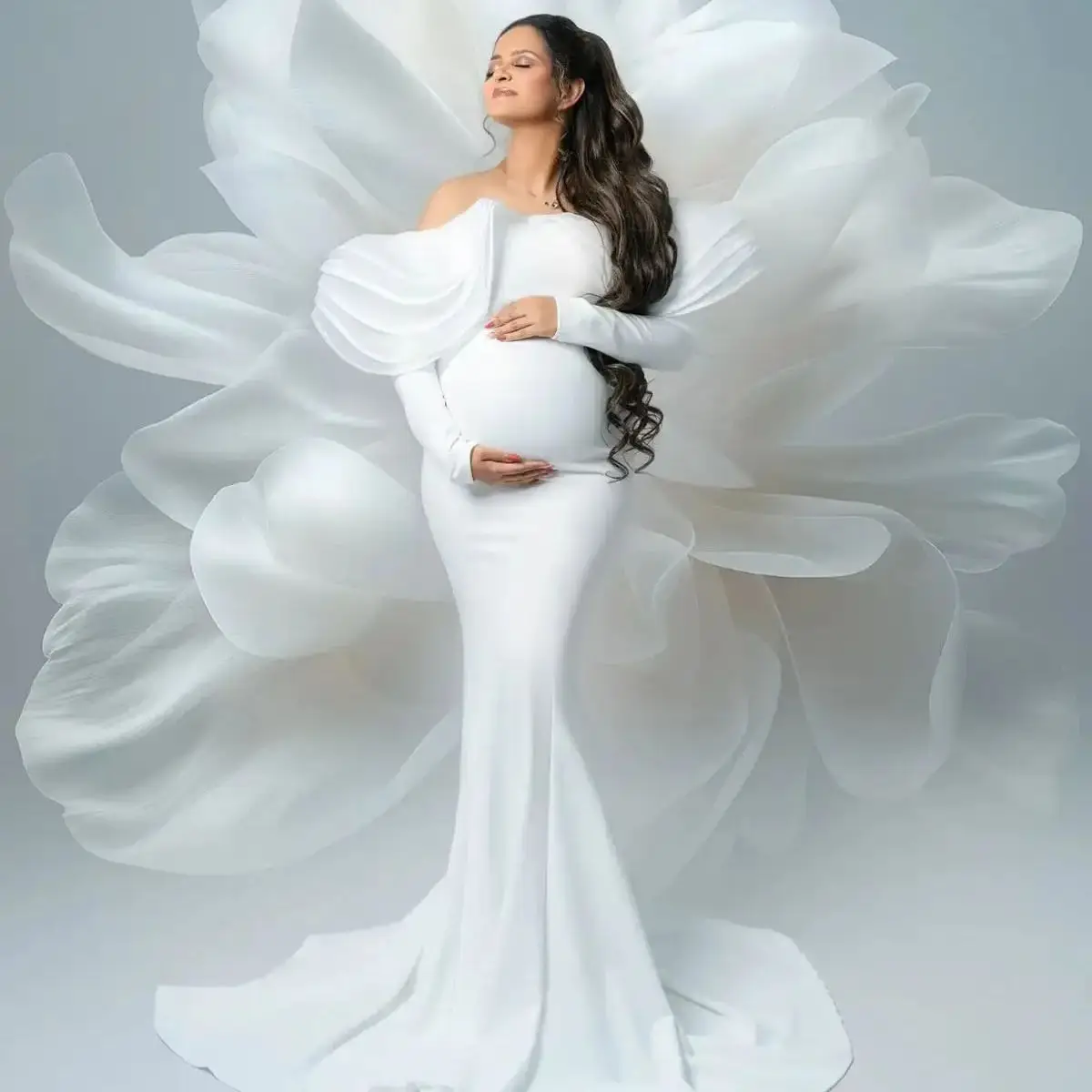 

Elegant White Mermaid Long Sleeve Pregnant Women Dress for Photoshoot Off Shoulder Long Maternity Dresses Babyshower GOWN