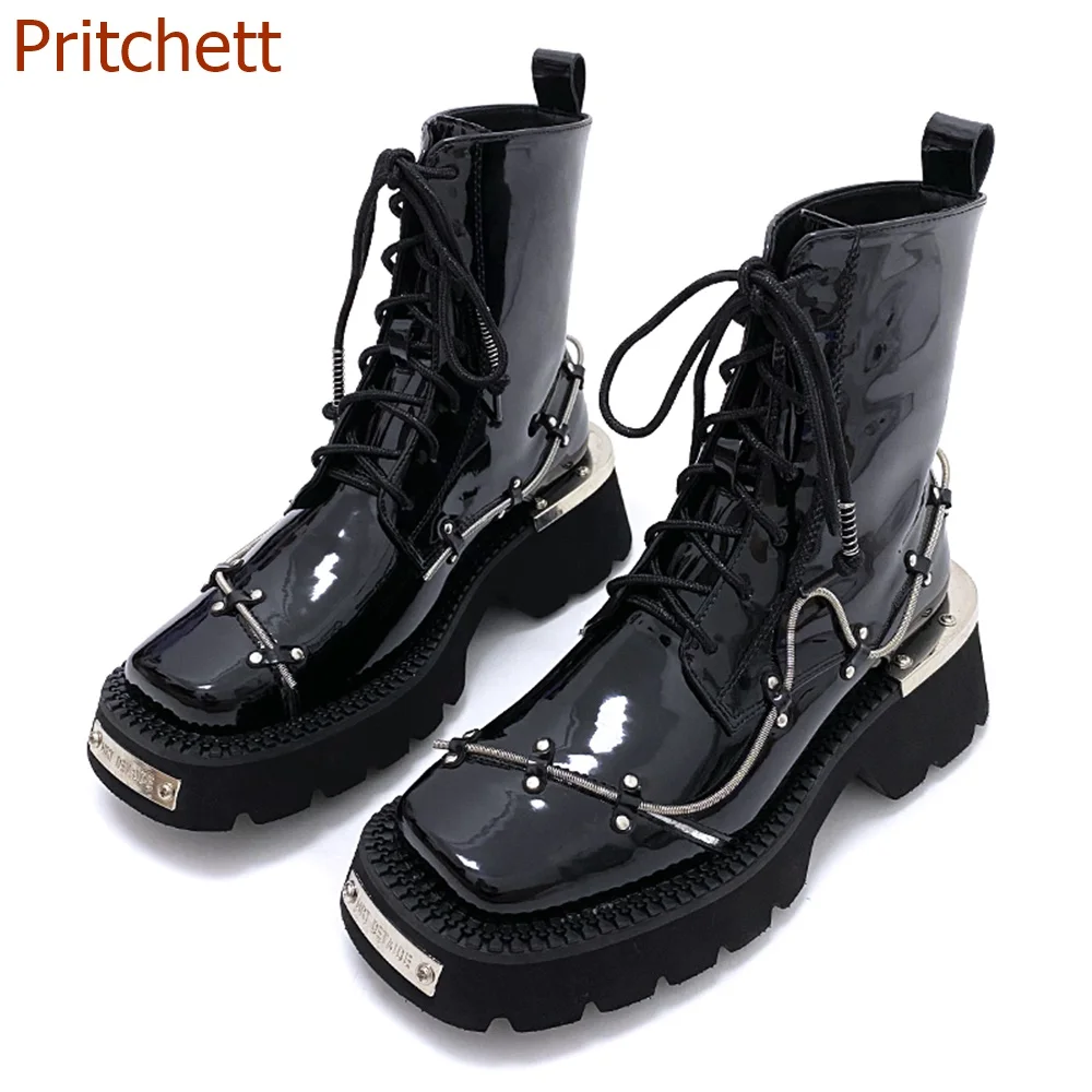 

SquareToe Metal Decoration Women Boots Mid Calf Cross Tied Fashion Casual Comfortbable Sexy Party Women Shoes 2023 New Arrivals