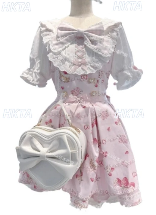 

Kawaii милое платье Лиз с вышивкой клубники и бантом, милое платье с короткими рукавами и принтом, юбка для женщин, японские платья принцессы Лолиты