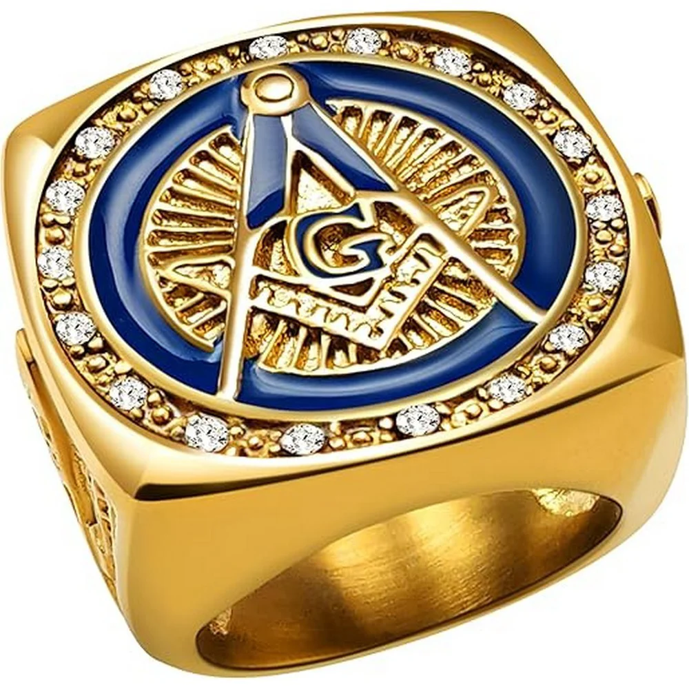 

5 pcs Casting Jewelry 316 Stainless Steel Gold Crystal Blue red Enamel Freemasons Freemasonry Masonic Rings for Men Women
