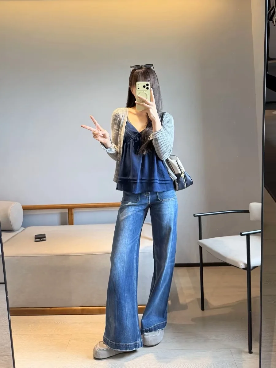 Double Pocket Flared Jeans Women's Versatile Slimming Pants Low Waist Cotton Denim Bootcut Trousers Autumn New Style
