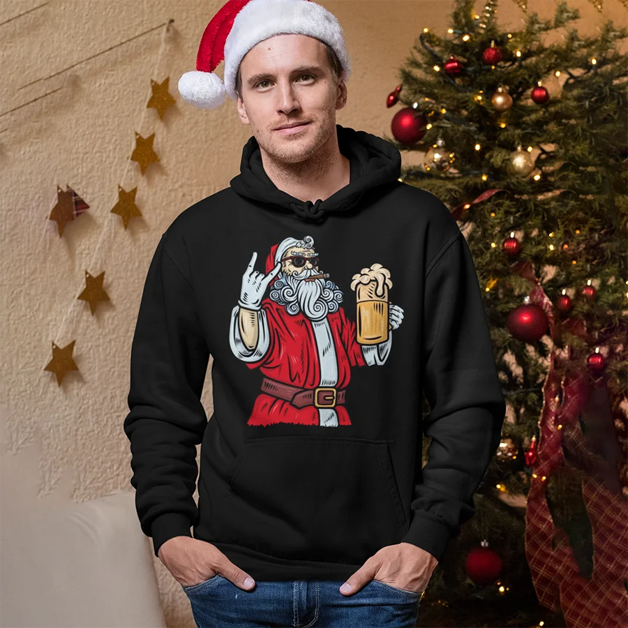 

Bad Santa Claus, Rock with beer while smoking Cigar Funny xmas merry christmas gift hoodies & sweatshirts mens designer clothes