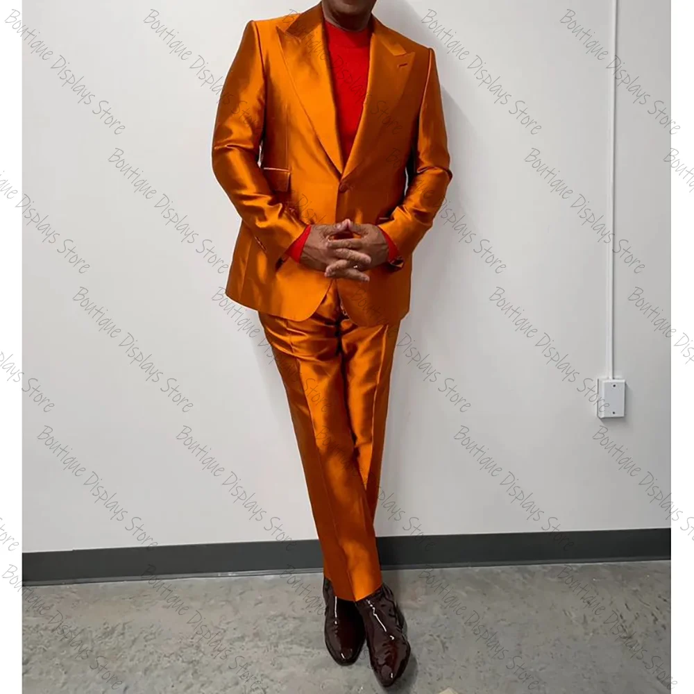 Glossy Orange Satin Single Breasted Men Suit Two Pieces(Jacket+Pants) Outfits Casual Party Prom Wedding Set
