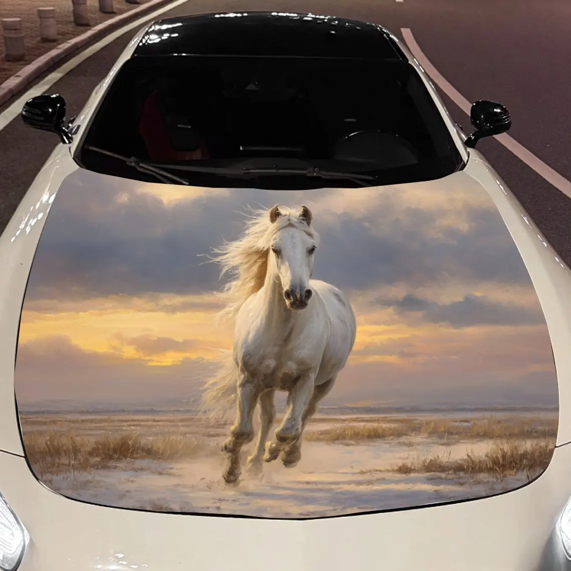 Car Decals Graceful White Horse Galloping at Sunset Car Hood Sticker, Waterproof Self - Adhesive Vinyl Graphics Decals, Decorati