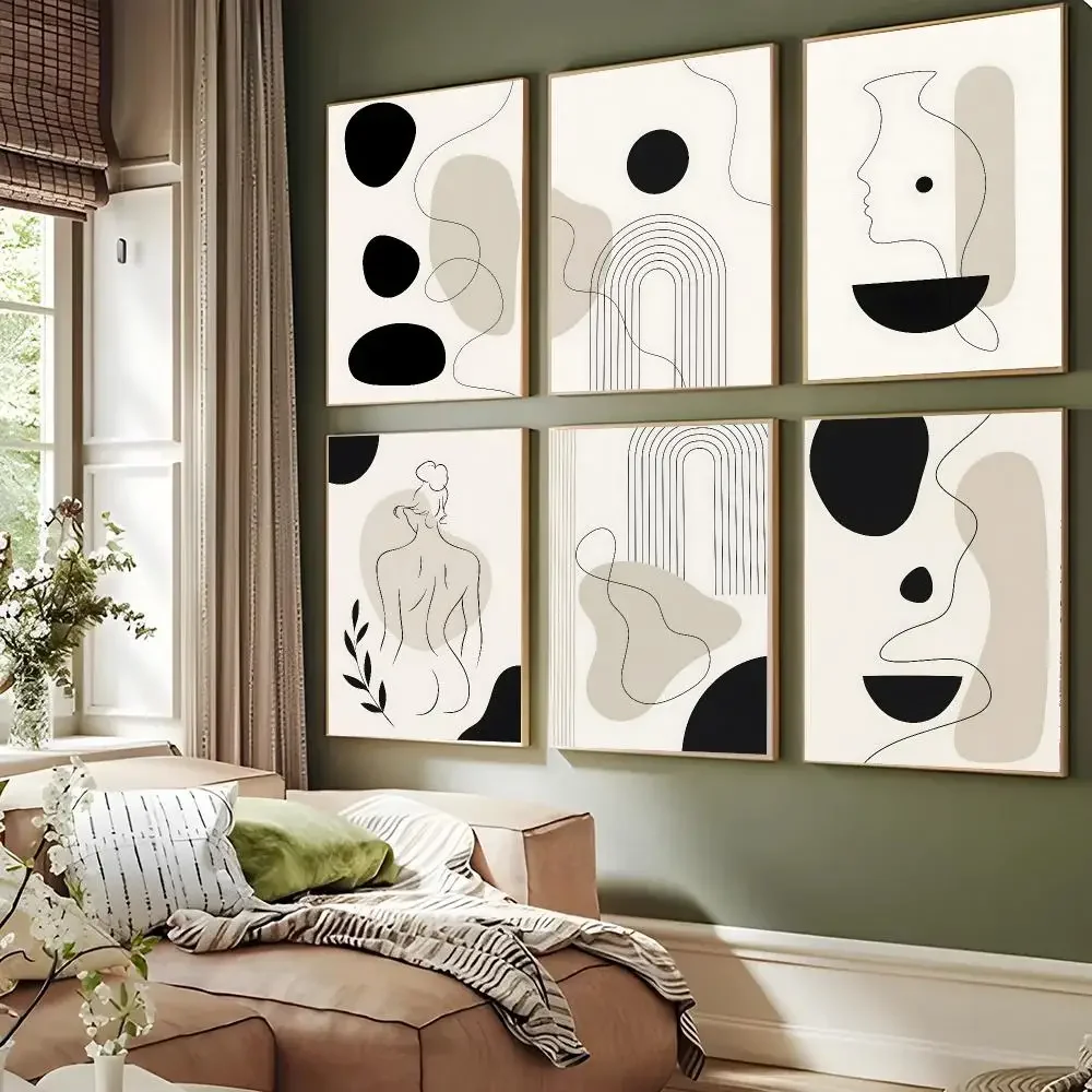 Nordic beige minimalist line figure collage Poster Waterproof Sticky Wall Art Print For Bedroom Living Room Hallway Home Decor