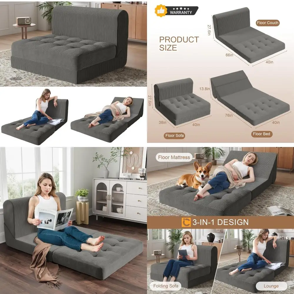 

Convertible 3-in-1 Corduroy Sofa Bed with High-Density Foam, Foldable Floor Couch and Futon Sleeper