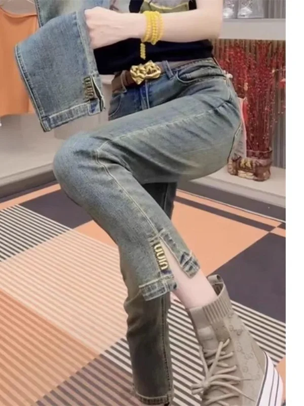 

High Waist Wide Leg Jeans Women's Spring Autumn New Style Frock Split Straight Tube Jeans Slimming Elastic Casual Denim Pants
