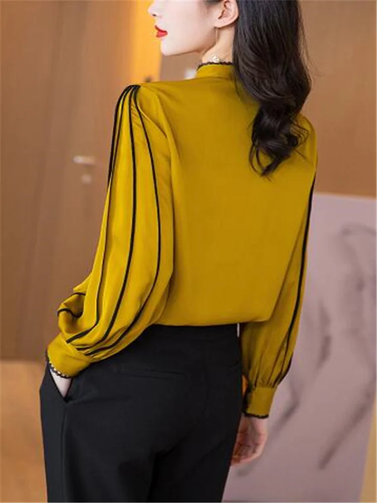 Satin Blouses Women Long-sleeved Shirt Solid Color Imitation Silk Shirt Autumn Woman Top Vintage Buttons Pullover Female Shirt