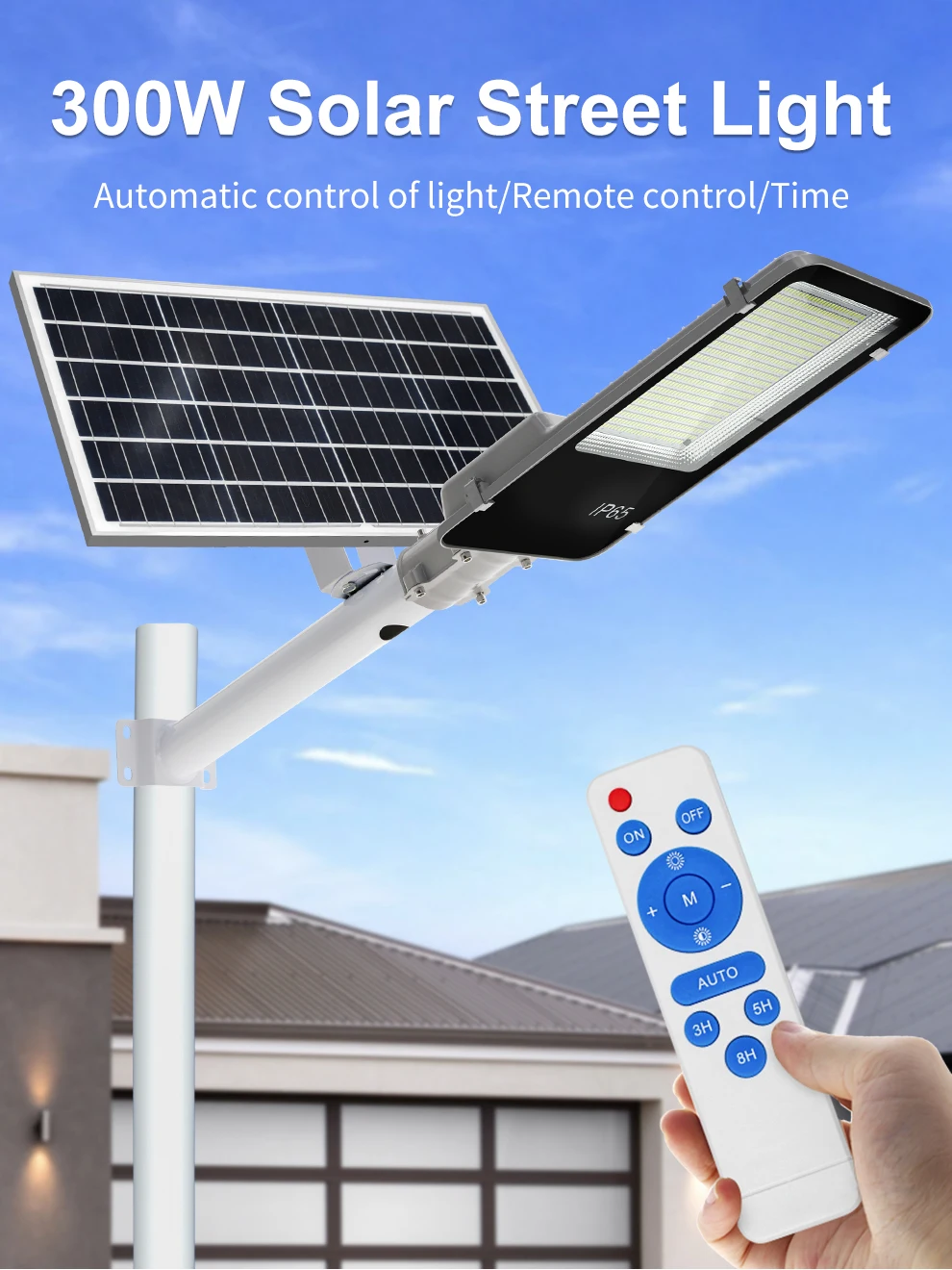 Solar-Straßenlaterne, 300 W, superhell, hocheffizielle Solarpanel-Leuchte, IP67, wasserdicht, dimmbar, für den Außenbereich